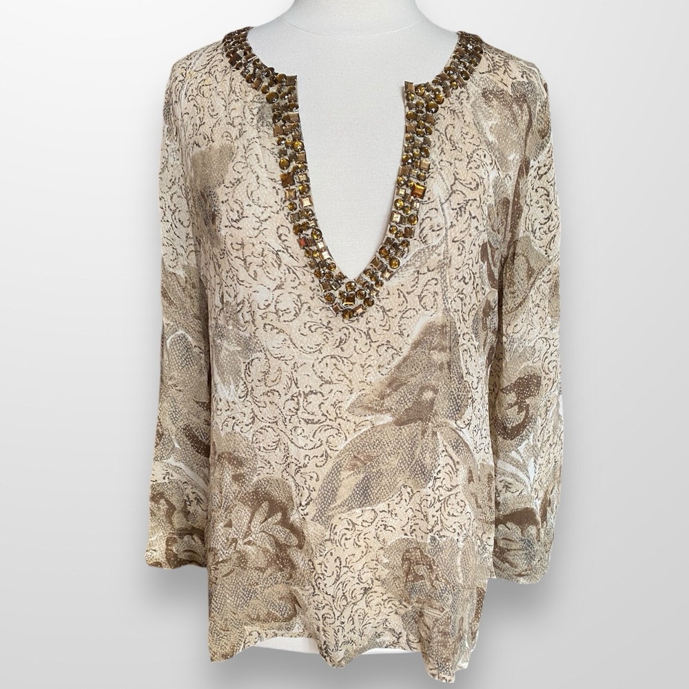 Chico's‎ Woman's Size 1 Small Tunic Top Shirt Silk Beaded Semi Sheer V-Neck